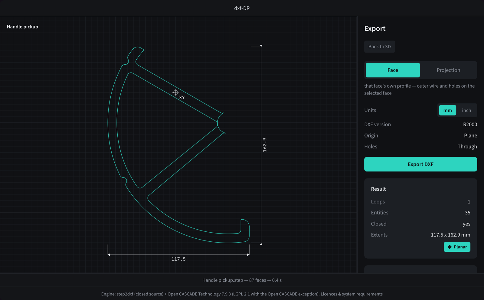A picked STEP face previewed in dxf-DR as a dimensioned DXF profile